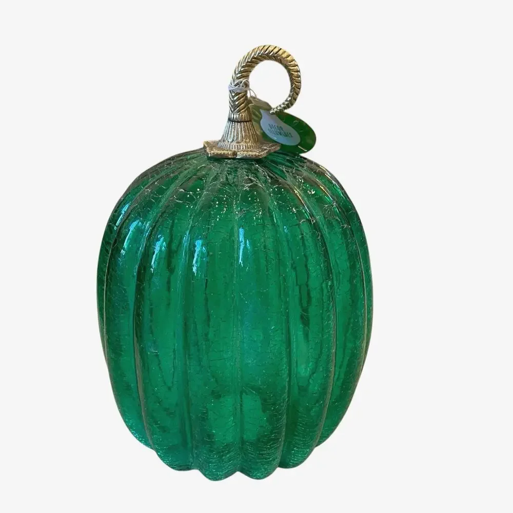Illuminated LED Green Glass Pumpkin Gold Metal Stem 12.5